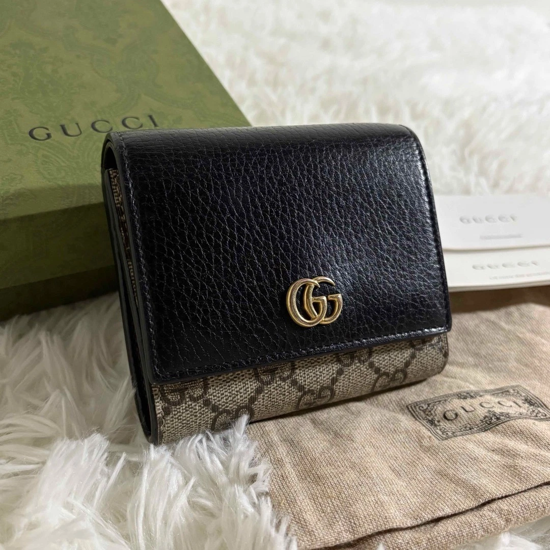 Extrêmement beau Gucci Tri fold Marmont GG Supreme noir PVC bicolore