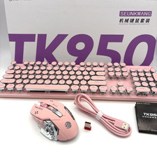 Wireless Retro Mechanical Keyboard  Mouse Combo 3-Mode Backlit Pink