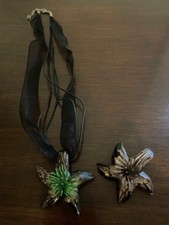 Set of 2 Glass Blown Starfish Pendants Necklaces on Black Ribbon and Cord