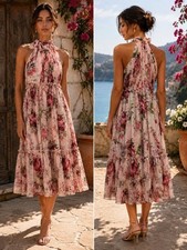 Mac Duggal Blush Pink Floral Halter Bow Tiered Ruffle Midi Dress Size 4 $598