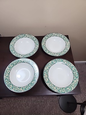 Sango Pavillion Set of 4 Soup Cereal Bowls 9 1/4'' Green Tan Scrolls
