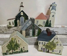 Seaside Village 5 Wood Painted Buildings Shelf Sitters Houses Church, Lighthouse