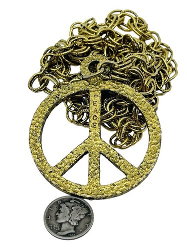 ☮️ Real 1960’s Gold Tone Hippie Peace Symbol Pendant Necklace 30” Long ☮️ - Picture 10 of 11