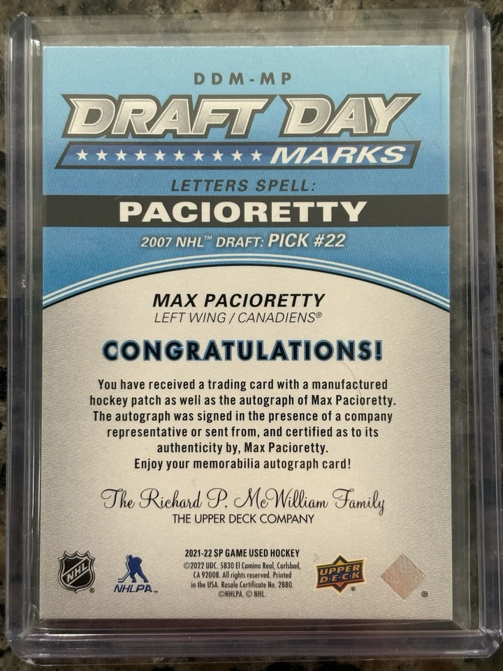 2021-22 Upper Deck SP JUEGO USADO Max Pacioretty Draft Day Marks 2007 automático #/10 Foto 2 de 2