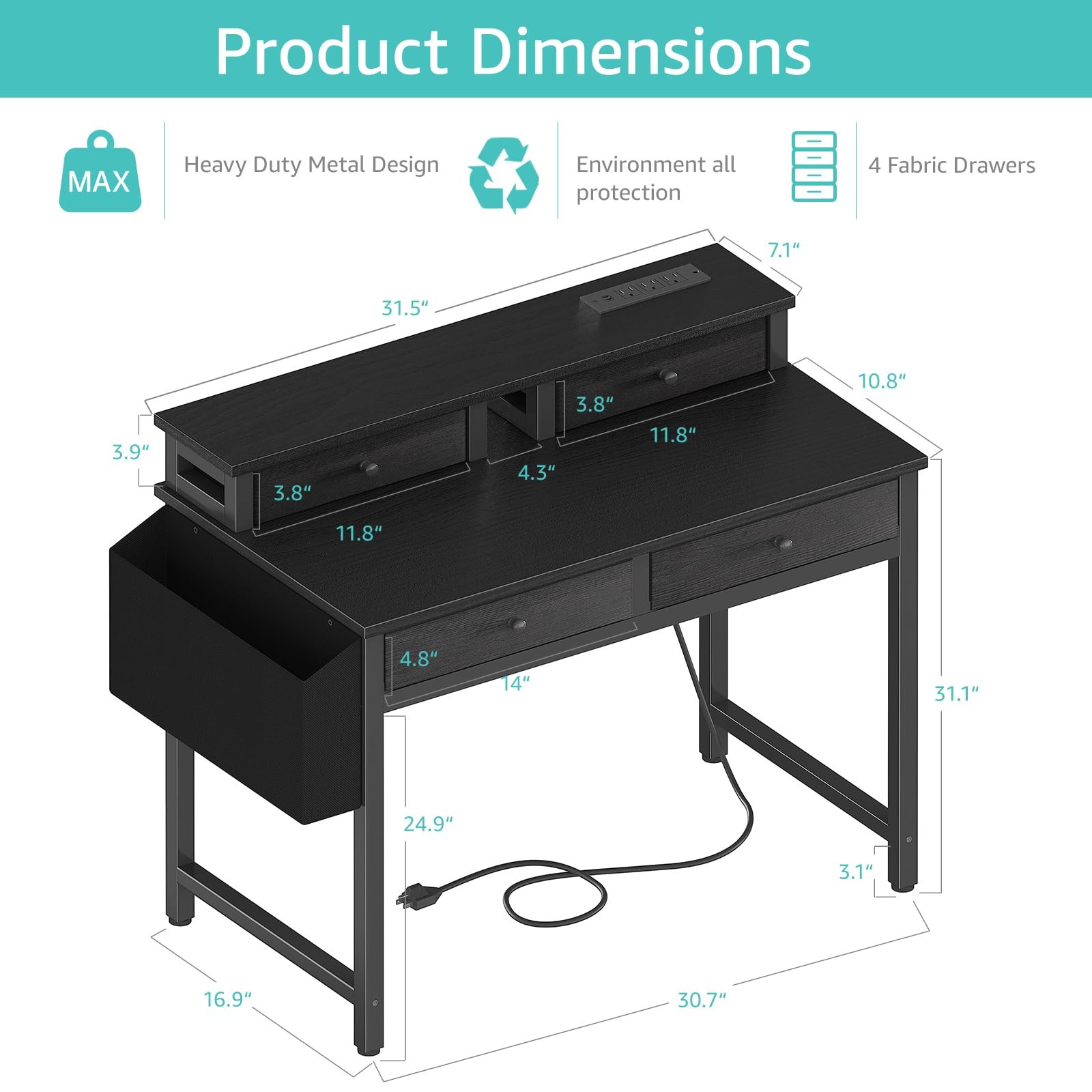 Small Desk with Drawers for Home Office Bedroom, 31 inch Black Writing Study ...