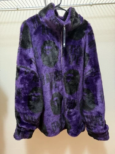 A Bathing Ape BAPE Men's Full Zip Faux Fur Jacket Purple/Black Graphic 2XL image 3