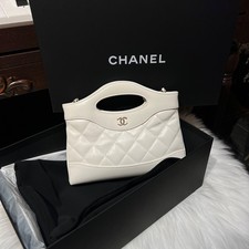 Chanel 31 Bag Nano Calfskin Quilted Chain Handbag Crossbody Shoulder White Auth