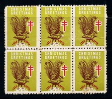 AUSTRALIA &bull; 1955 &bull; Christmas Charity NAPTA Labels &bull; Block of 6 &bull; Lyre Bird