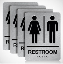 ADA Braille Unisex Bathroom Sign with Double Sided 3M Tape Pack of 4 - Aluminu