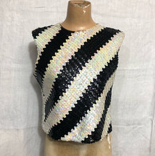 Vintage 1960s Womens Beaded Sequin Evening Top Tank Black  White Stripe
