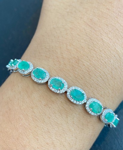 NATURAL EMERALD 6X4 WHITE CZ STERLING SILVER 925 BRACELET - 第 1/7 張圖片
