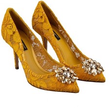 DOLCE & GABBANA BELLUCCI Kristall Brosche Taormina Spitze Pumps Gelb