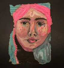 Original Expressive Outsider Art Primitive Portrait Painting Pink Braid