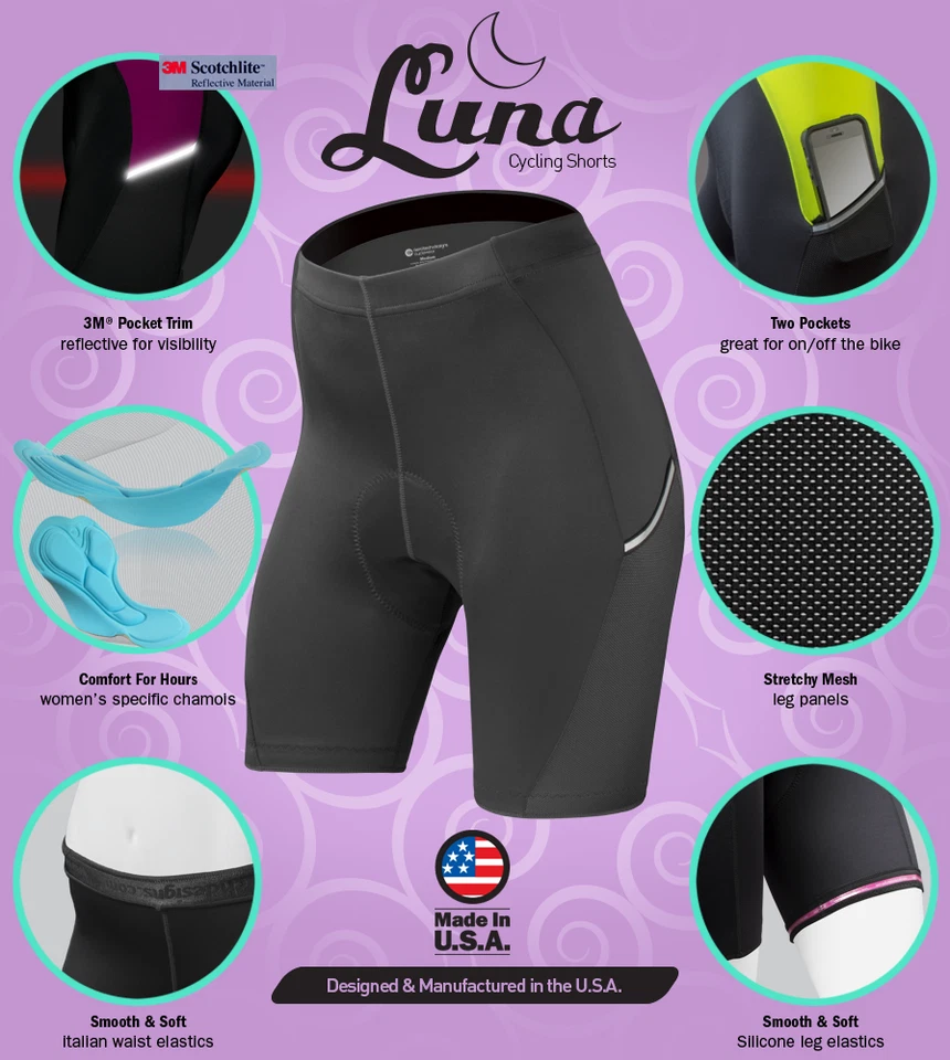 Women's All Day Padded Cycling Shorts | Reflective Side Pockets | Made in USA - Image 3 of 4