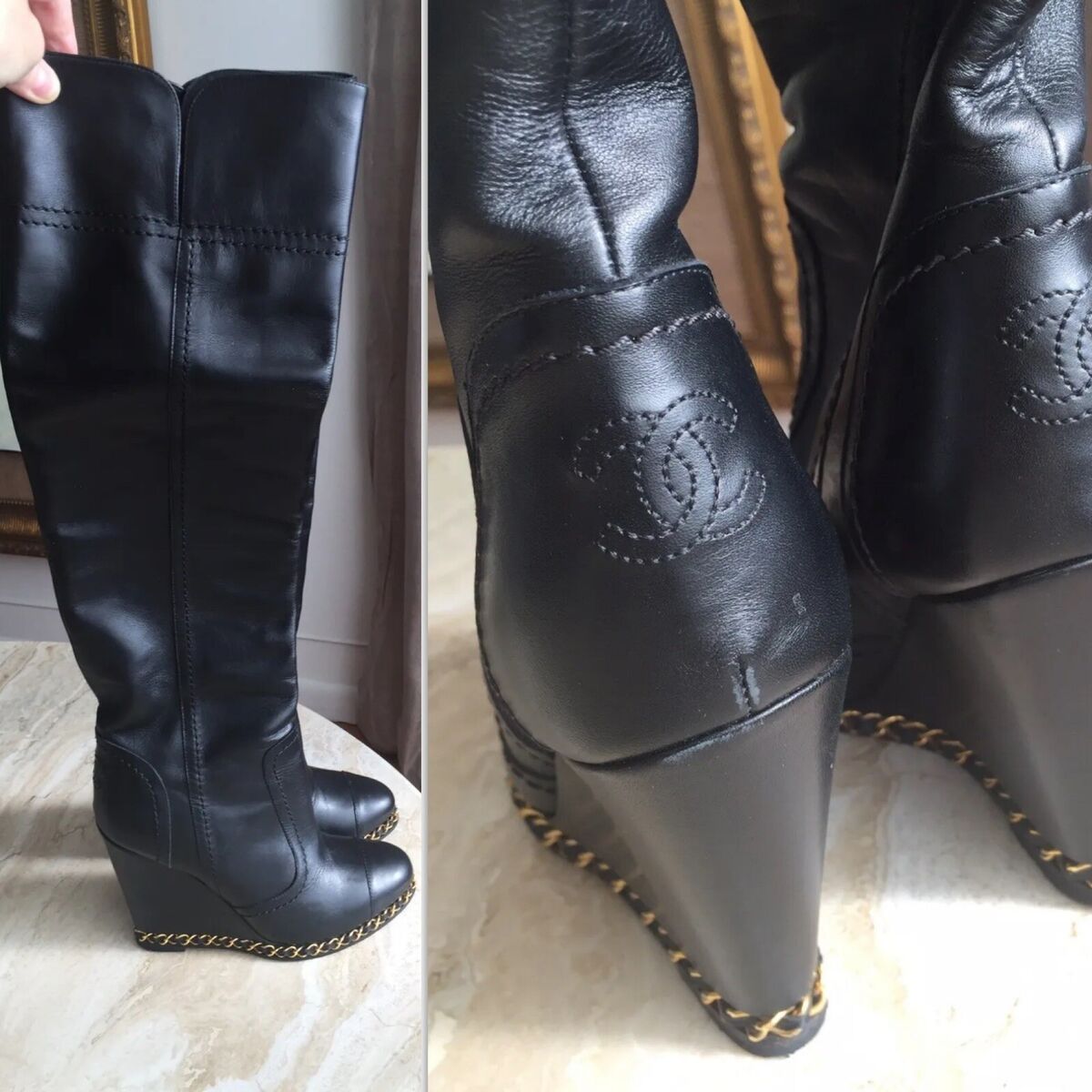 Chanel CC Logo Gold Chain Black Leather knee high Wedge Chanel CC Logo Gold Chain Black Leather knee high Wedge