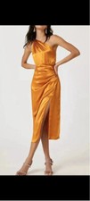 Anthropologie one shoulder plait silk copper orange ruched midi split dress - 12
