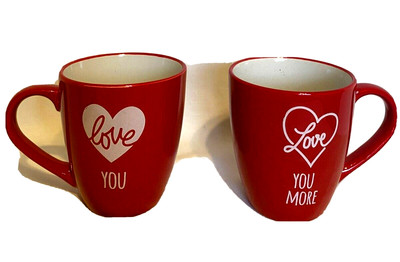 NEW! Set of two EAI  17 oz. Red Ceramic Coffee  Mugs '' Love You & Love You More''