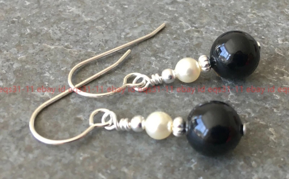 Hermosos Pendientes Gancho Cuentas Redondas Perlas Concha Blanca Crema Ágata Negra 8/10mm Foto 2 de 4