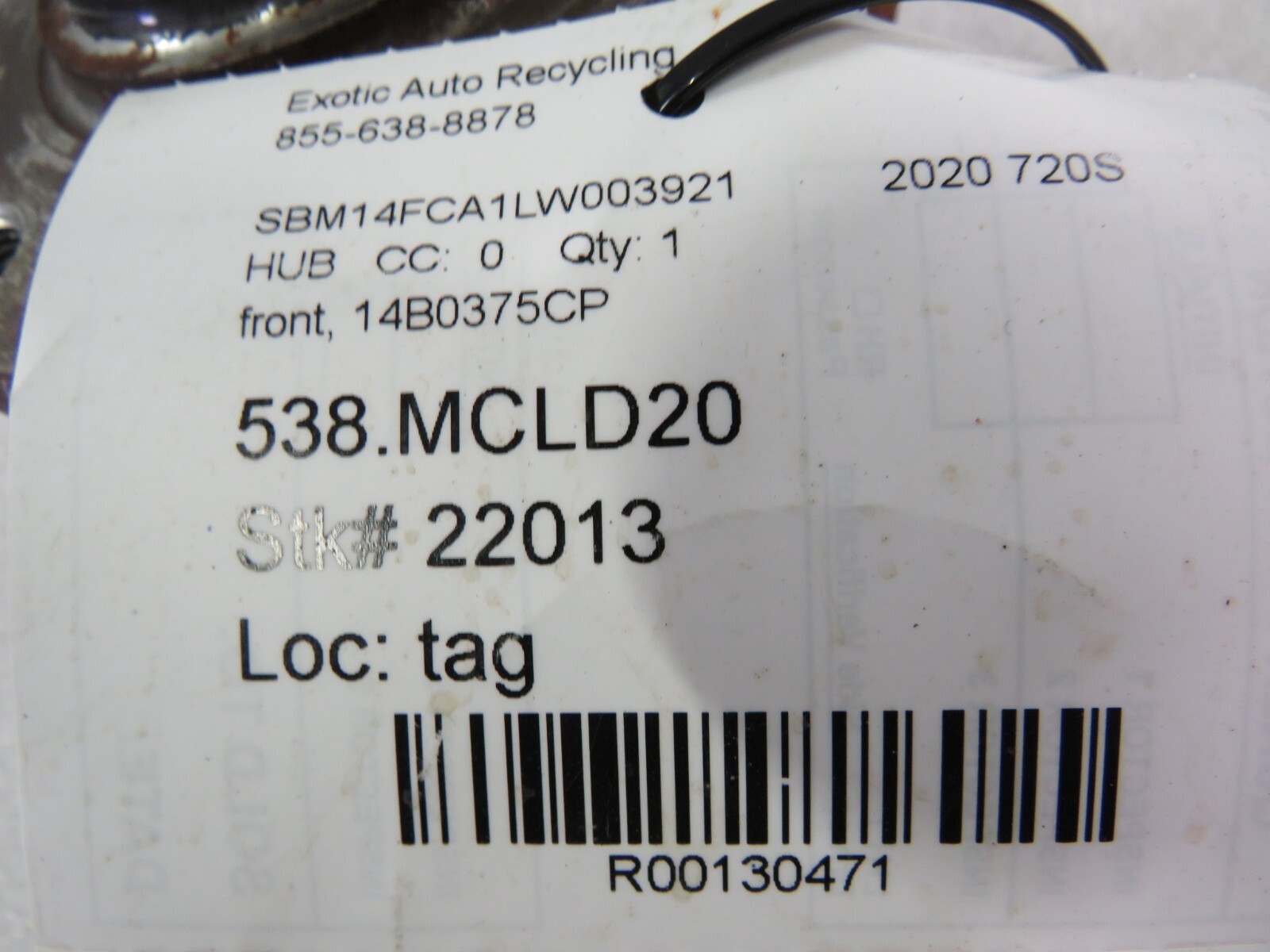 McLaren 720S, Front Wheel Hub, Used, P/N 14B0375CP