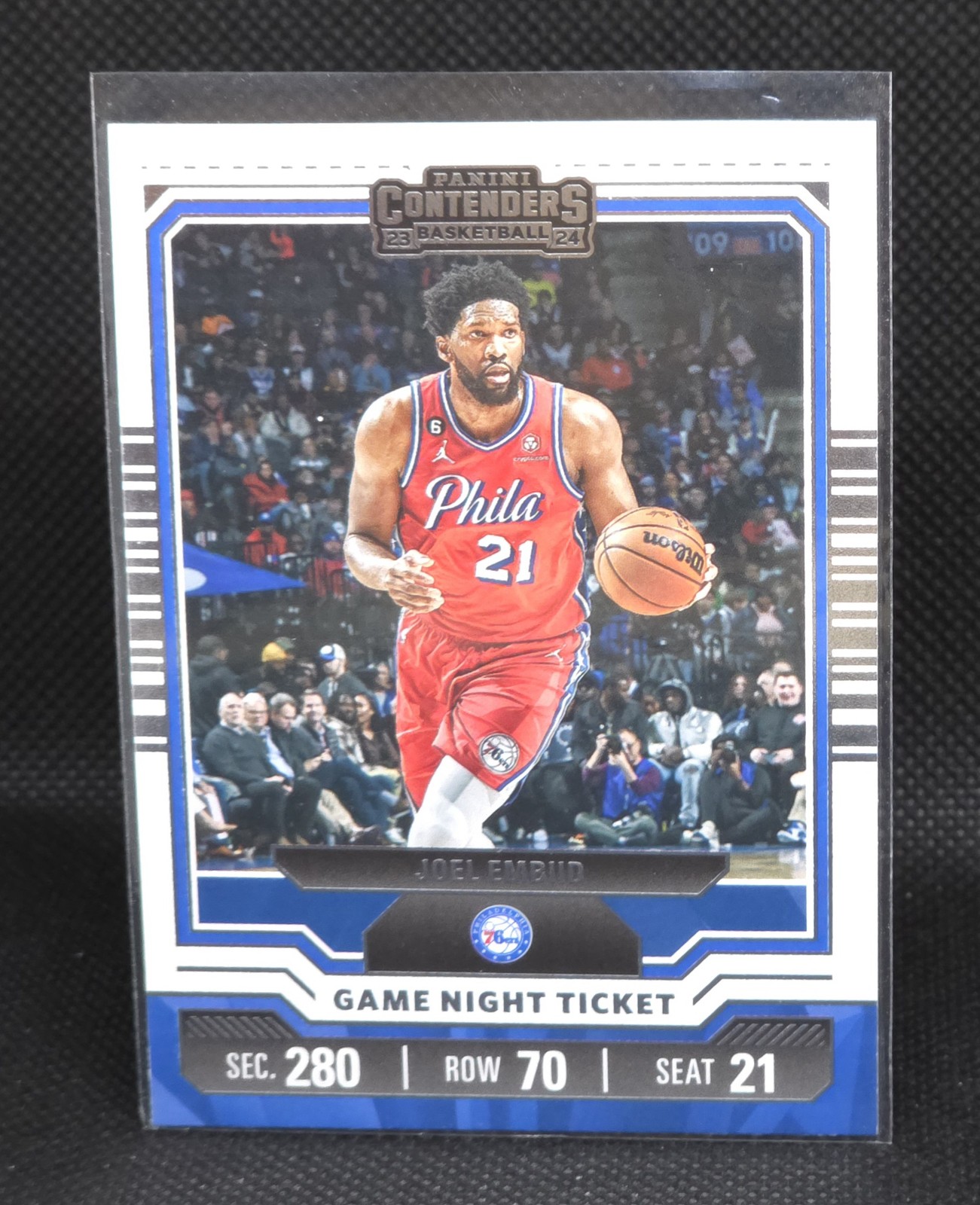 Joel Embiid #24 Basketball Cards 2023 Panini Contenders Game Night Ticket trading card — raw and PSA graded price guide