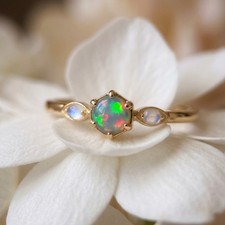 Gold Plated Opal & Moonstone Statement Ring, 925 Silver Minimalist Proposal Ring