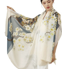 100 Silk large Scarf Women neckerchief Shawl Wrap floral blue beige HD118-53