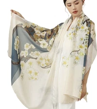100% Silk large Scarf Women neckerchief Shawl Wrap floral blue beige HD118-53