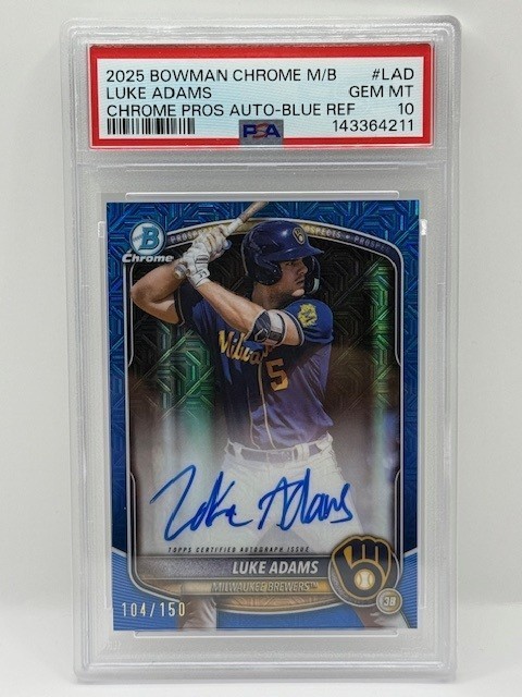 🔥 Luke Adams Blue Mojo Auto # /150 2025 Bowman Chrome PSA 10 Brewers SN LOW POP