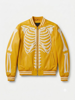 Men's Yellow Skeleton Leather Bomber Jacket Halloween Costume Outfit Biker Coat