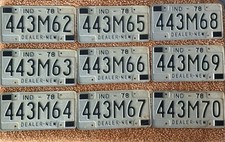 9 Indiana New Car Dealer License Plates 1978 Sequence 443M62 - 443M70