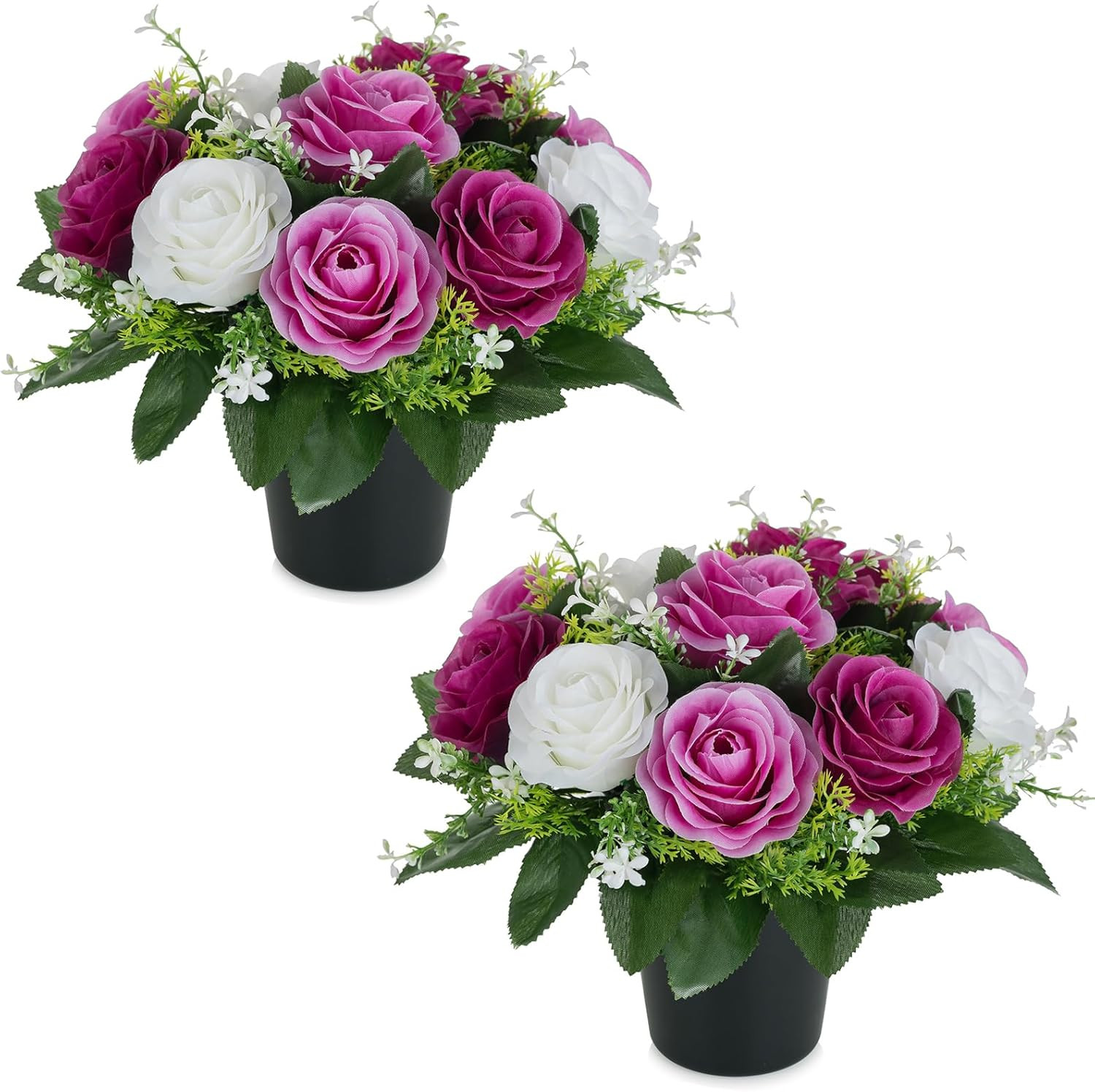 BLOSMON Artificial Grave Flowers Pots: 2 Pcs Purple Lilac Roses Silk Cemetery Or