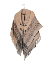 Poncho Blanket Shawl Fringe Cape Cream& Gray Button Loops Mixit  Acrylic