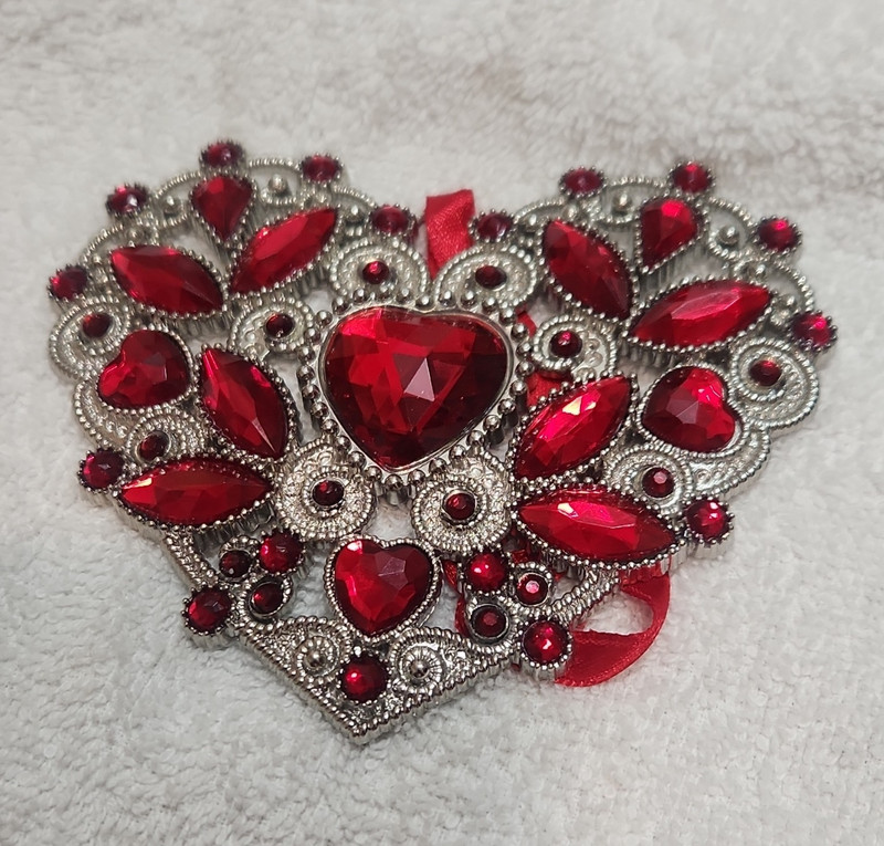 Red Rhinestone Heart Ornament Silver Tone Metal - vintage