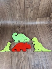 Vtg Wooden 3D Toddler Jigsaw Puzzle Colorful Hand Crafted Dinosaurs Set Of 4