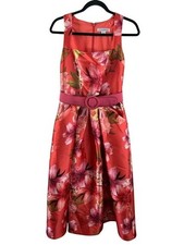 Kay Unger Floral Coral Midi Dress Belted Sz 6 Hawaiian Sleeveless Summer