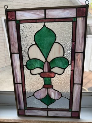 Vintage Handmade 16x10 Stained Glass fleur-de-lis Hanging Art Nouveau Design