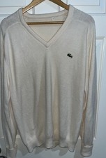 Vintage Lacoste V Neck Sweater Cream Soft Knit Pullover Mens XL Alligator
