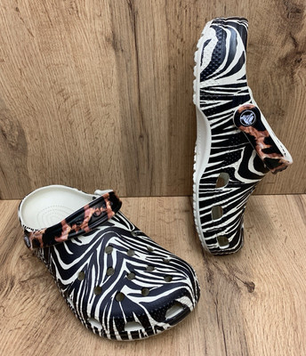 Crocs Classic Animal Remix Clogs Zebra Leopard Print Women s 7  Men s 5 Used