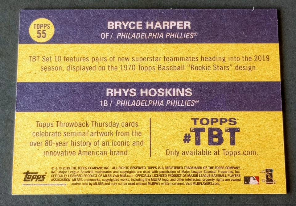 2019 TOPPS THROWBACK THURSDAY BRYCE HARPER RHYS HOSKINS PHILADELPHIA PHILLIES  - Image 2 of 3