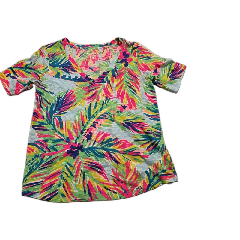 Lilly Pulitzer Bright Tropical Palm Leaf V-Neck Cotton Tee Women's Small
