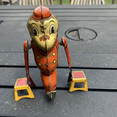 Vintage Marx Tumbling Monkey with Two Chairs Wind-Up Tin Litho Toy - Works!