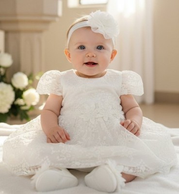 Taufkleid Baby Gr. 68 74 6-9M Babykleid Taufe Party Stirnband Schuhe Set 3-tlg 