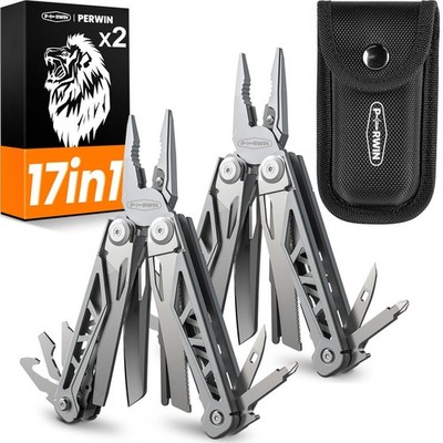 PERWIN Multitool 2 Pack, 17in1 Stainless Steel Multi Tool Pliers with Selfloc...