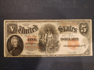 1907 $5 WOODCHOPPER LEGAL TENDER FR. 91 NICE CIRCULATED LARGE SIZE NOTE