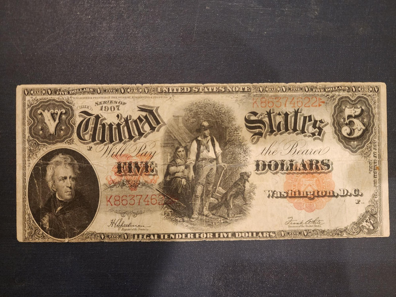 1907 $5 WOODCHOPPER LEGAL TENDER FR. 91 NICE CIRCULATED LARGE SIZE NOTE