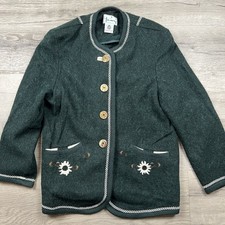 Vintage Perry Landhaus Wool Blazer Size 38 Green Button Up Embroidered