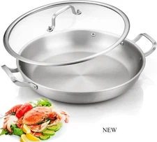 DELARLO Paella Pan 14 Inch Tri-Ply Stainless Steel Paella Pan with Lid, NEW