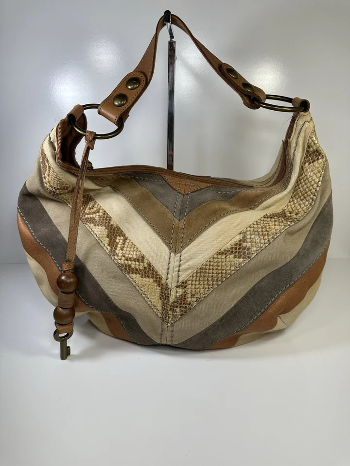 Rare Fossil Brown Patchwork Leather Suede Hobo Shoulder Handbag Purse Light Use - Image 3 of 4