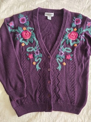 Vintage 90s Embroidered Purple Floral Cardigan Sweater Womens XL Alfred Dunner 