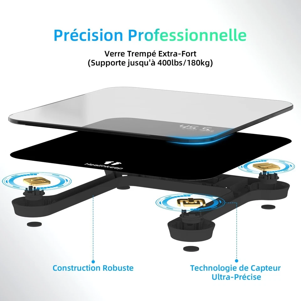 Pèse-personne numérique Healthkeep 180 kg Verre trempé Noir - Photo 2/4